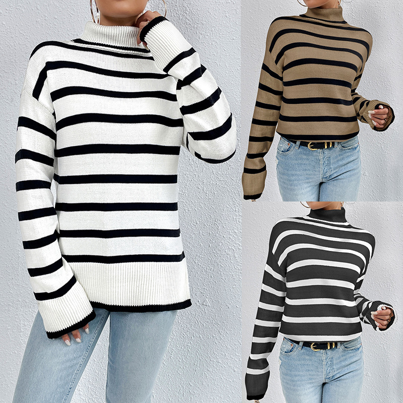 Women's Loose Striped Turtleneck Knit Sweater