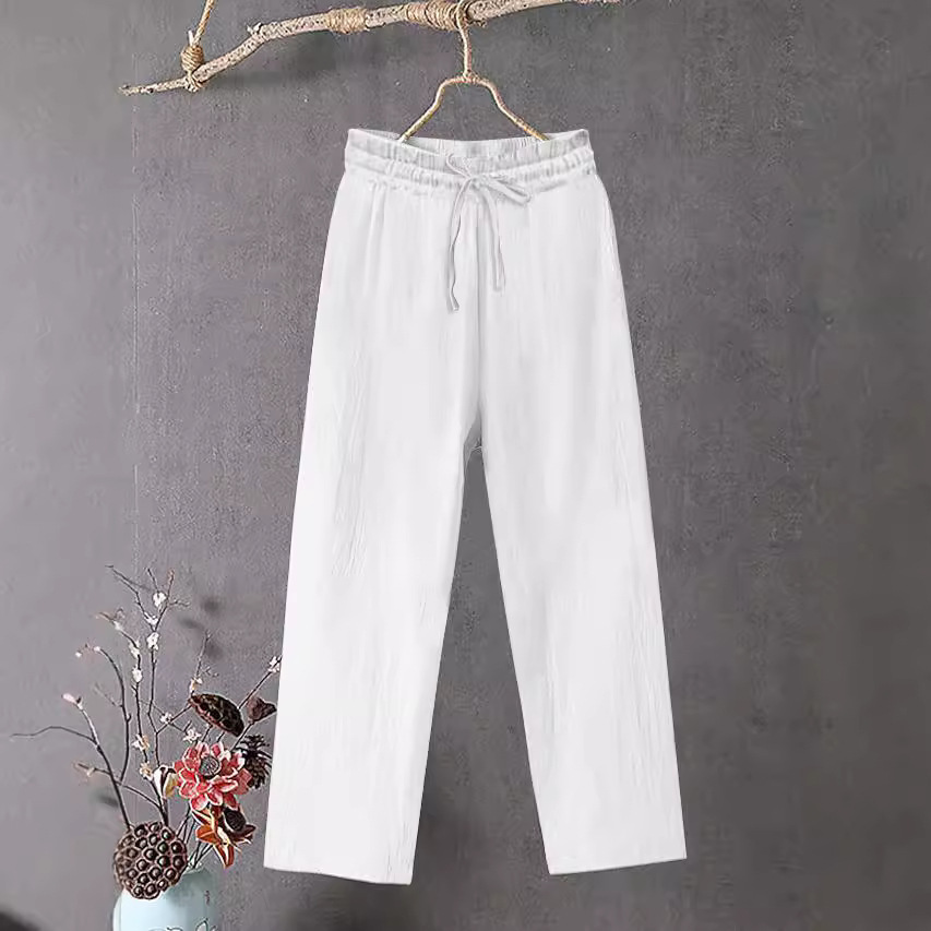 Women's Cotton Linen Wide Leg Pants Elastic Waist Solid Color Loose Fit