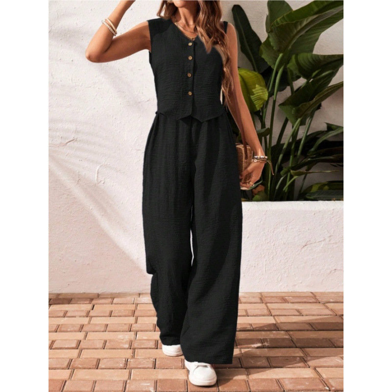 Linen-Blend Button-Front V-Neck Vest and Pants Set