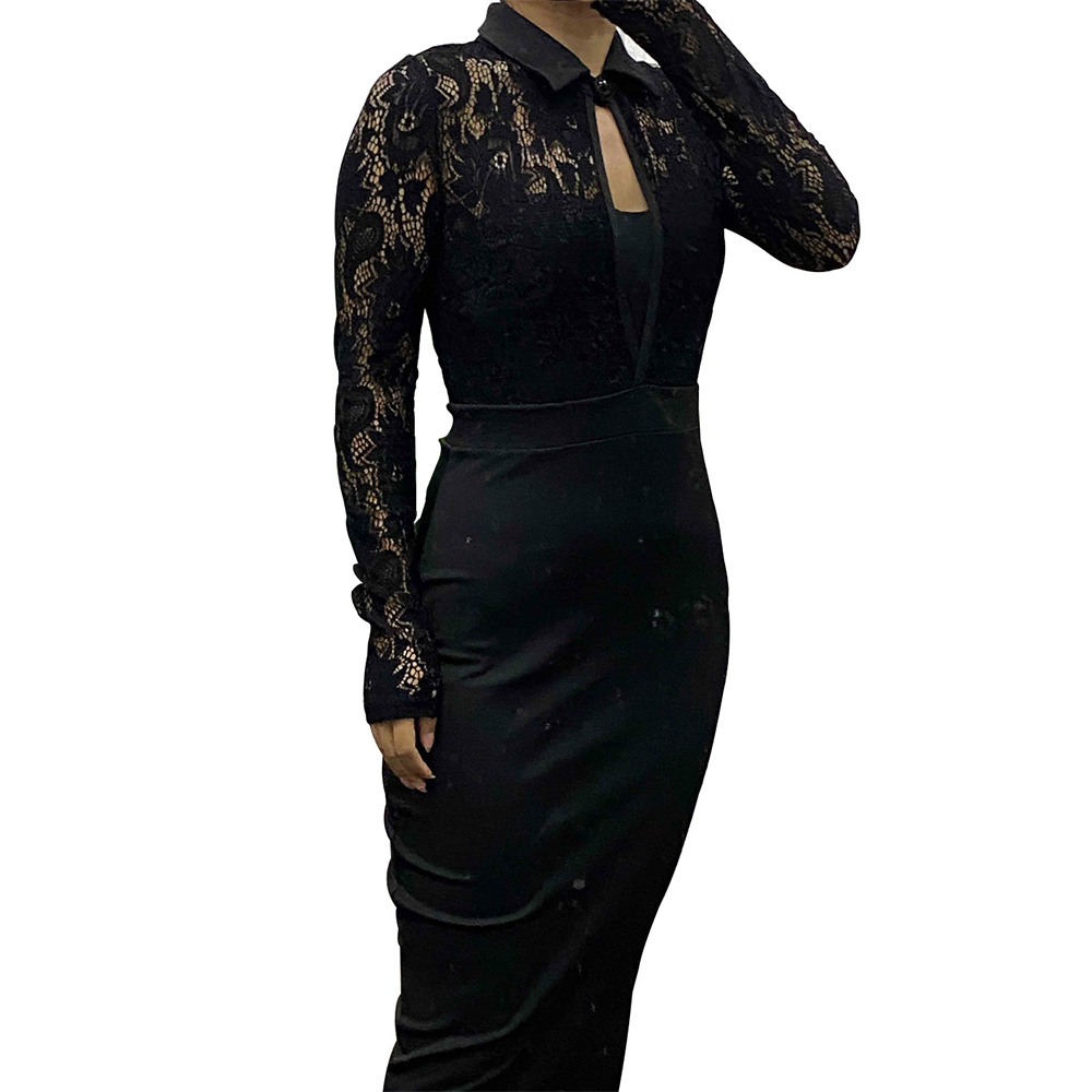 Women's Lace Panel Long Sleeve Bodycon Dress with Collar