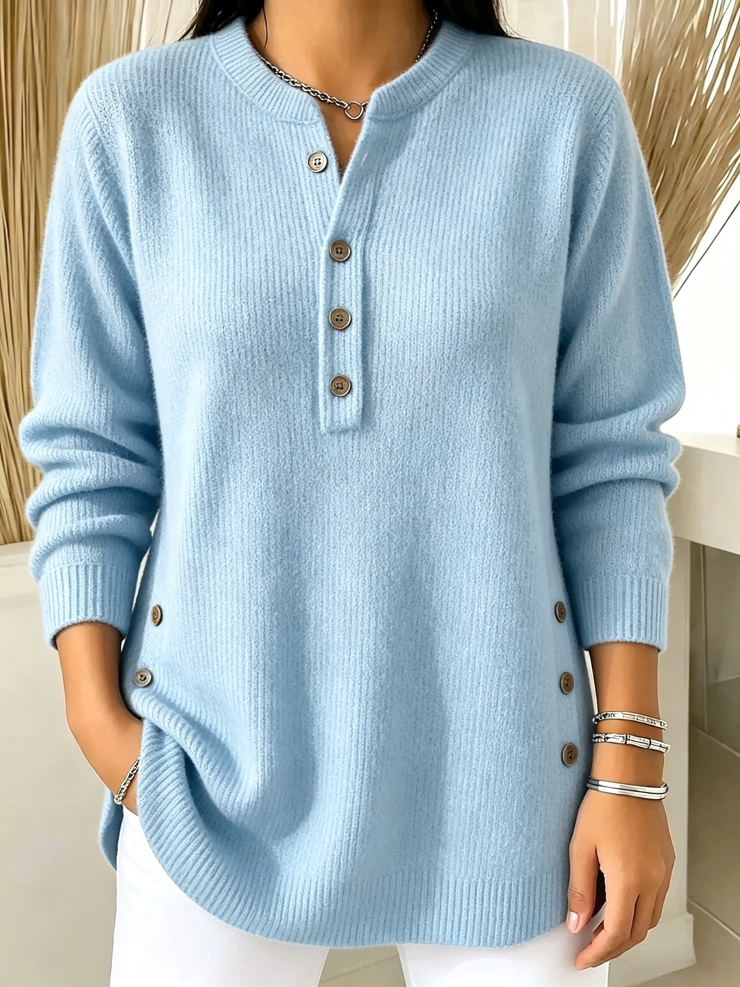 Women's V-Neck Button Knit Sweater Solid Color Loose Fit Top