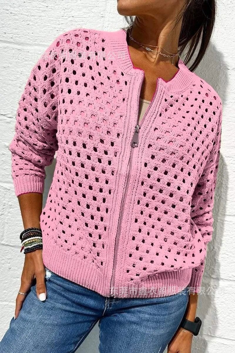 Women's Open-Knit Zip-Up Jacket Casual Lightweight Outerwear