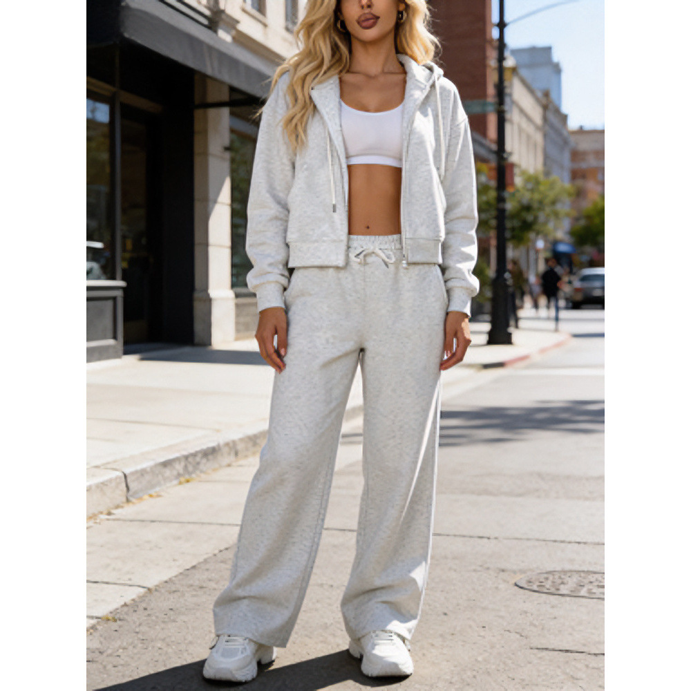 Women's Zip-Up Hoodie and Drawstring Pants Two-Piece Tracksuit Set