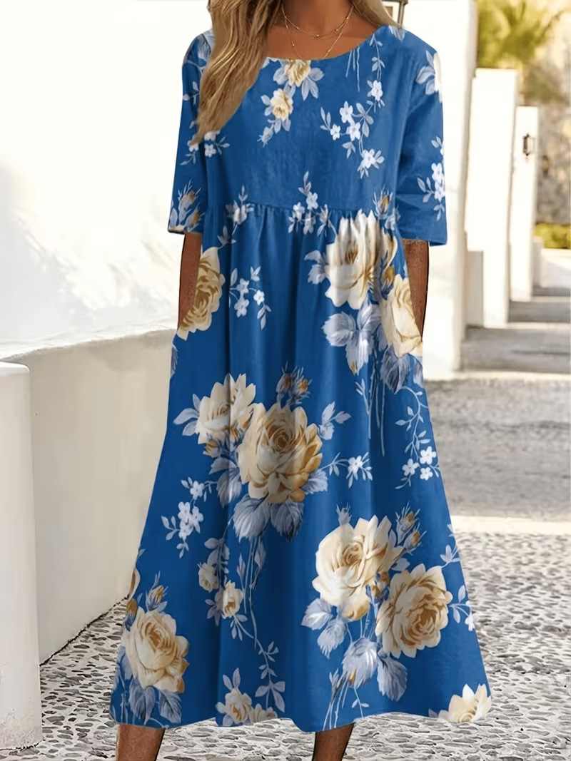 Women's Floral Print Ruched Midi Dress Casual Vacation Pullover