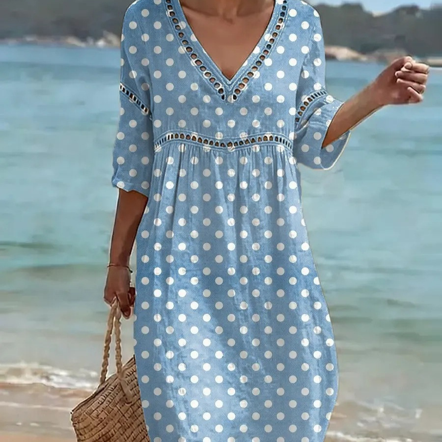 Women's Floral Print Pleated Midi Dress with Deep V-Neck and Five-Quarter Sleeves