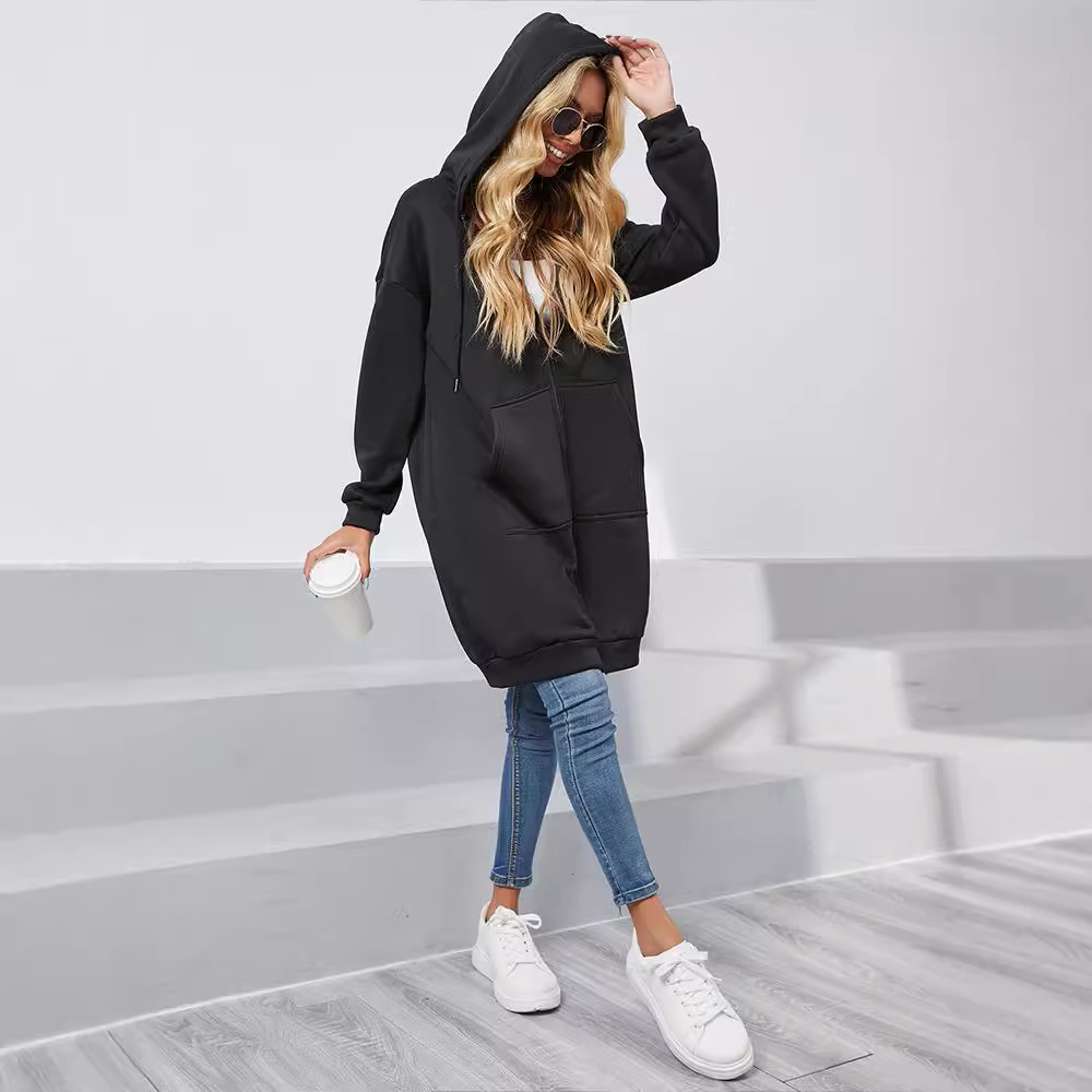 Women's Zip-Up Hooded Cardigan Sweatshirt Jacket with Pockets, Mid-Long Loose Fit