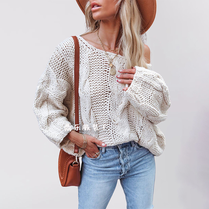 Women's Off-Shoulder Cable Knit Pullover Sweater