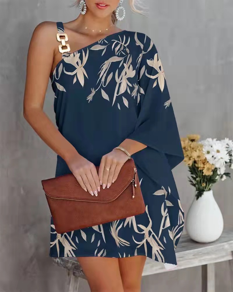 Women's Floral Print One-Shoulder Loose A-Line Dress