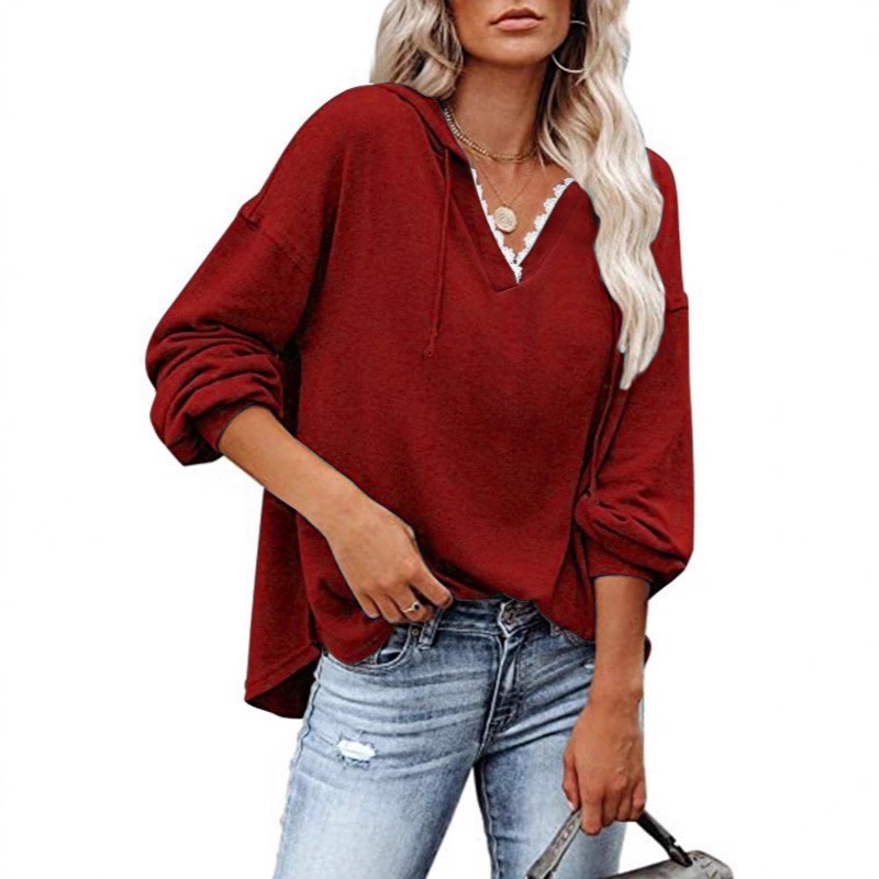 Women's Casual Hooded Lace V-Neck Long Sleeve Sweatshirt