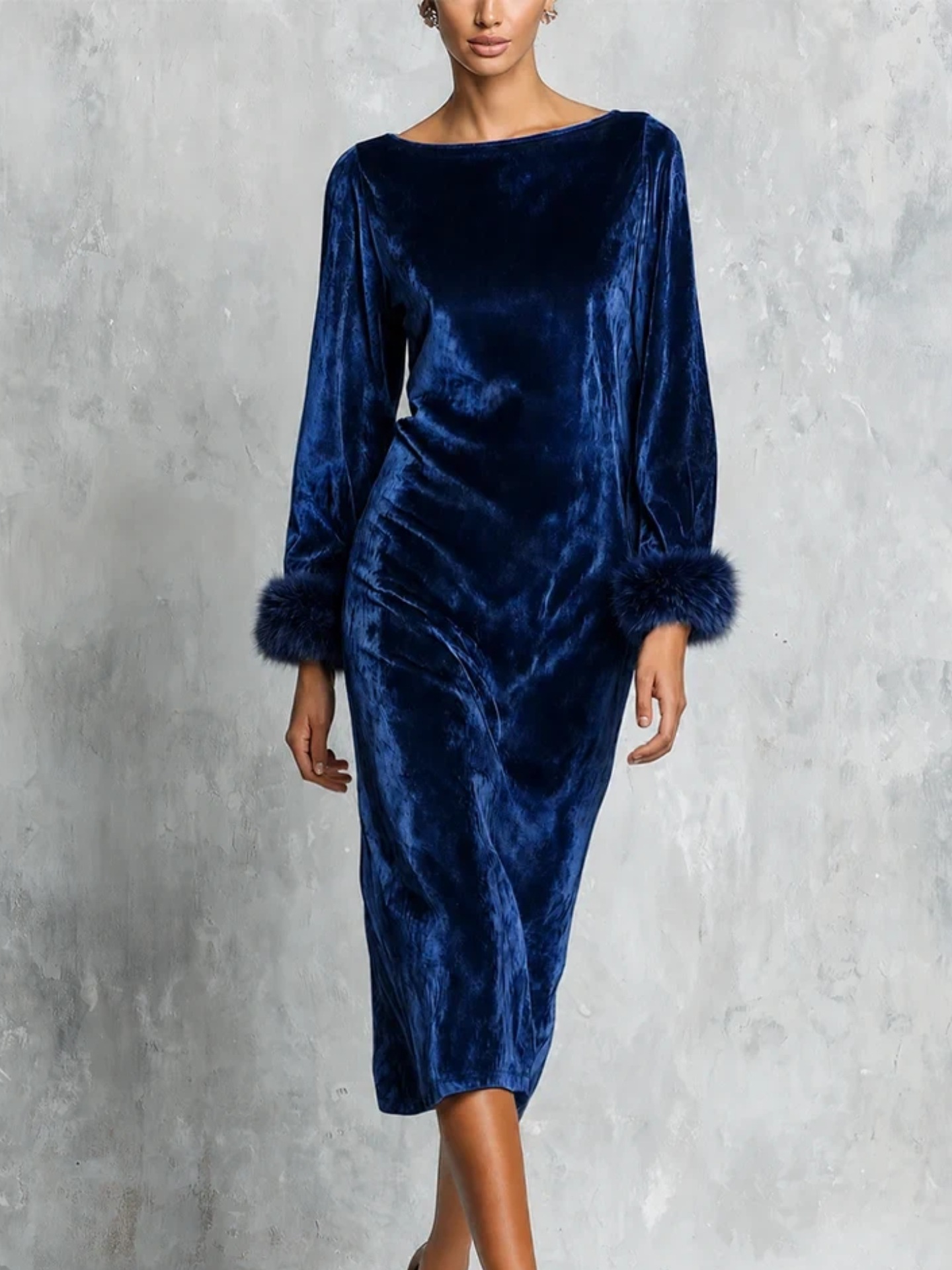 Women's Off-Shoulder Long Sleeve Faux Fur Cuff Long Dress