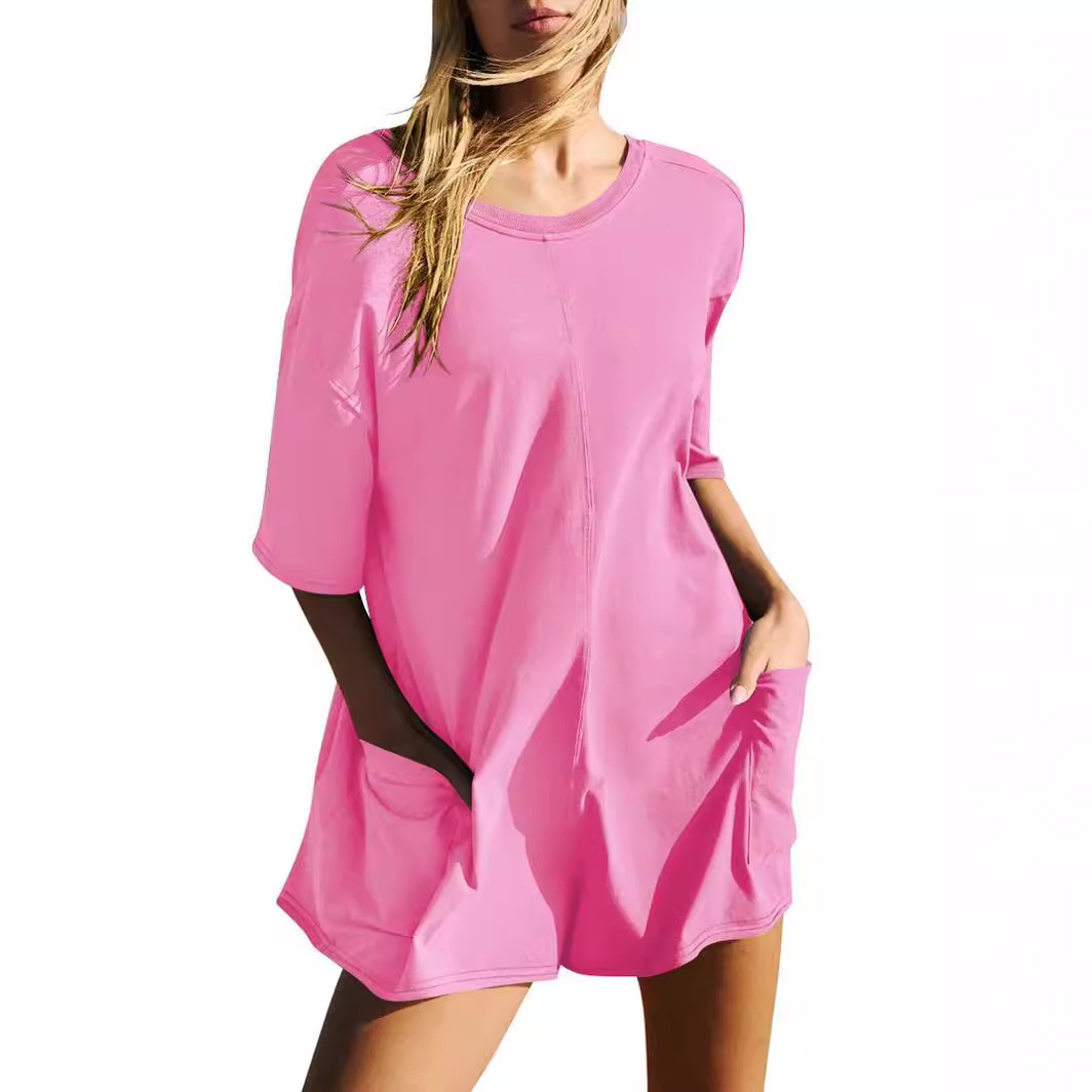 Women's Short Sleeve Open Back V-Neck Loose Casual Pocket Jumpsuit
