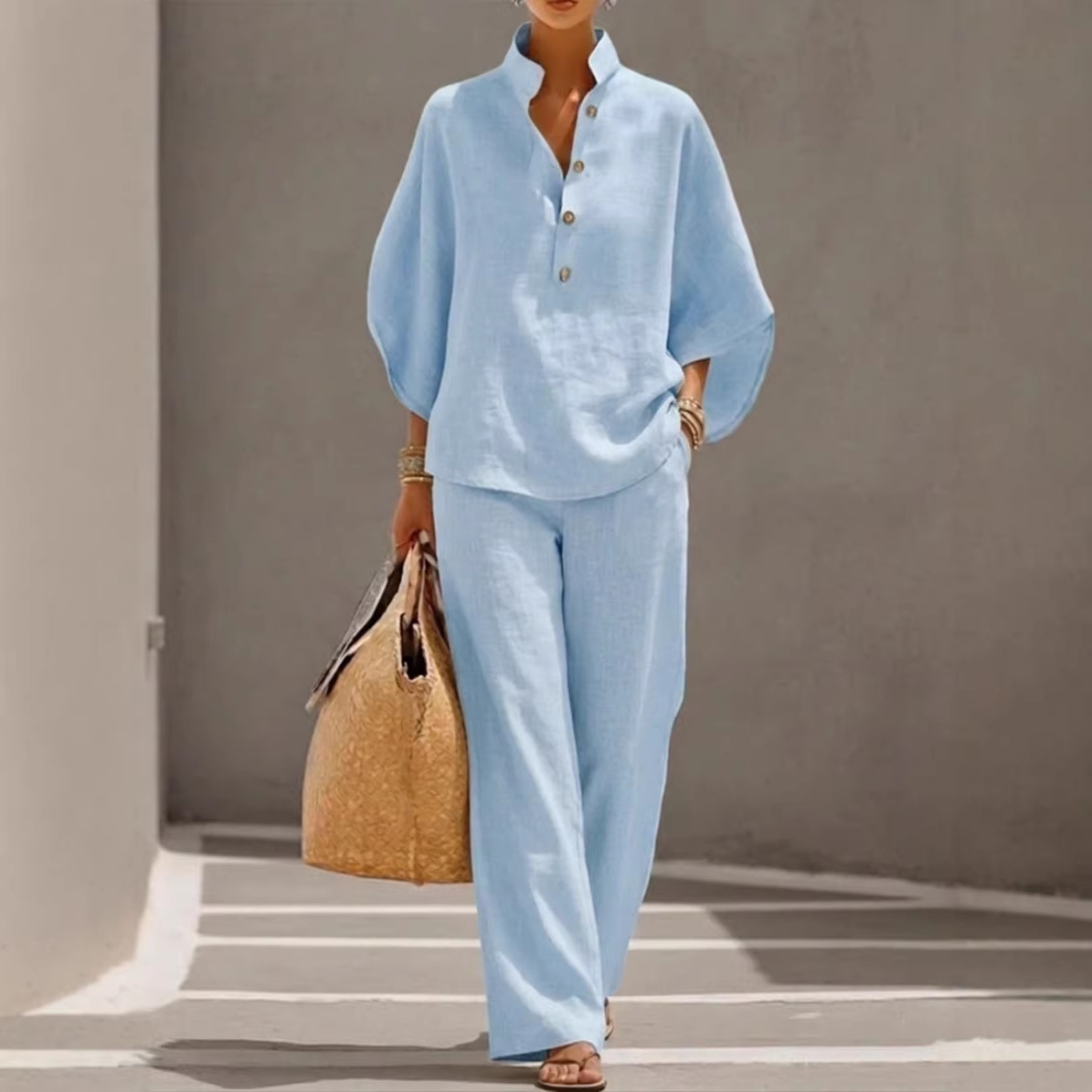 Women's Casual Solid Zip-Up Wide-Leg Pants Set