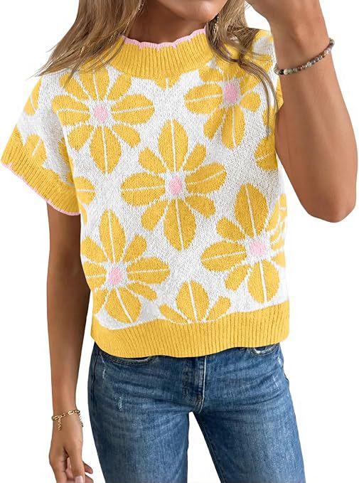 Women's Floral Knit Short Sleeve Sweater Vintage Crew Neck Loose Summer Pullover