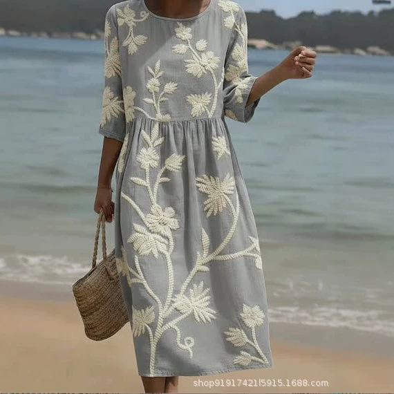 Women's Floral Print Ruched Midi Dress with Half Sleeves