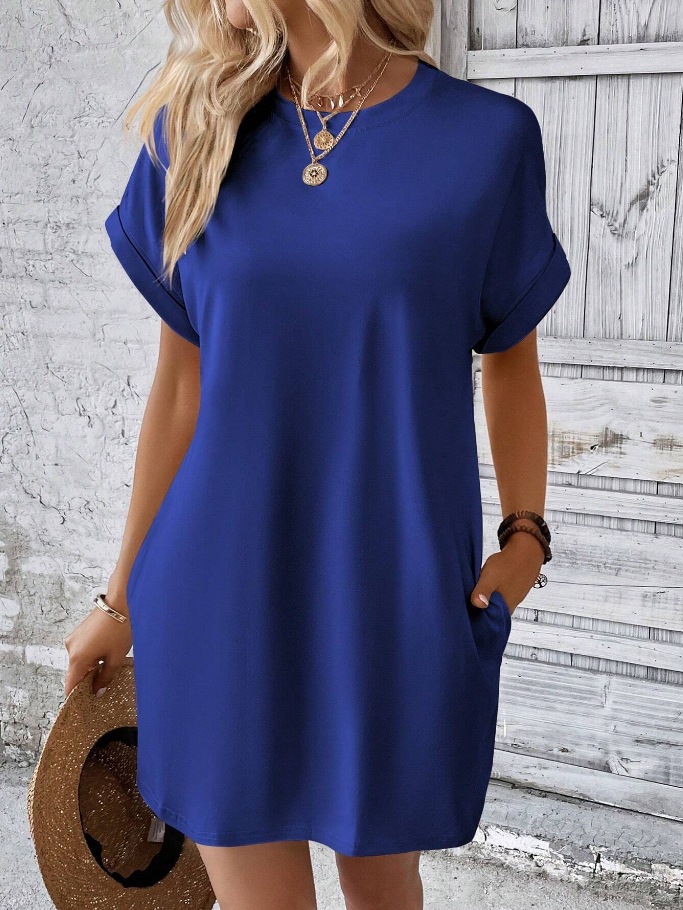 Women's Solid Crewneck Short Sleeve Pocket Midi Dress