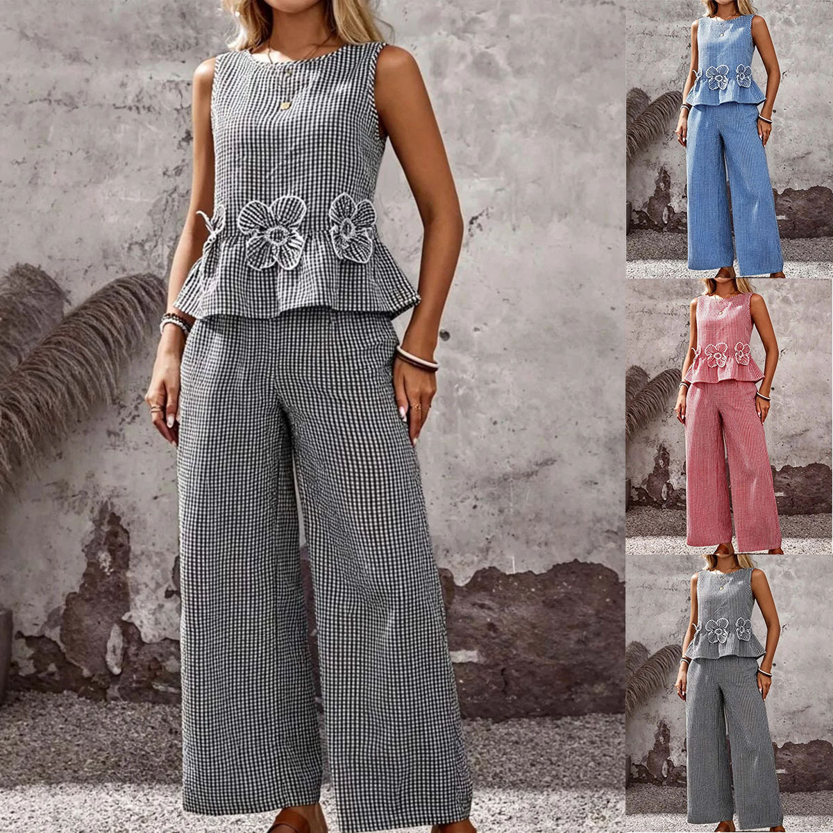 Women's Striped Floral Cotton-Linen Top and Pants Set