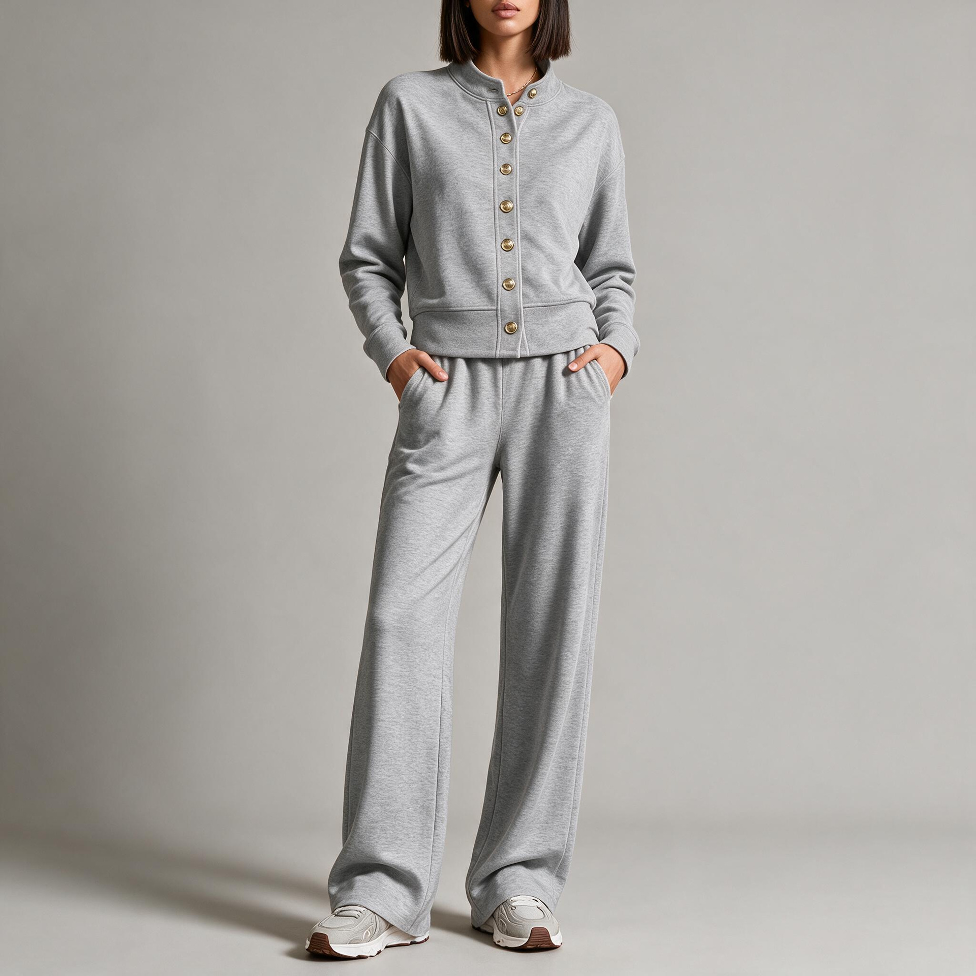 Women's Solid Stand-Collar Cardigan Hoodie & Wide-Leg Pants Set