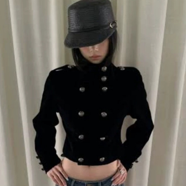 Women's Double-Breasted Tweed Jacket with Stand Collar