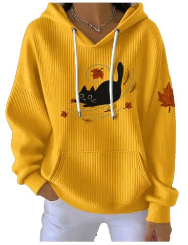 Women's Cat & Maple Leaf Print Casual Hoodie