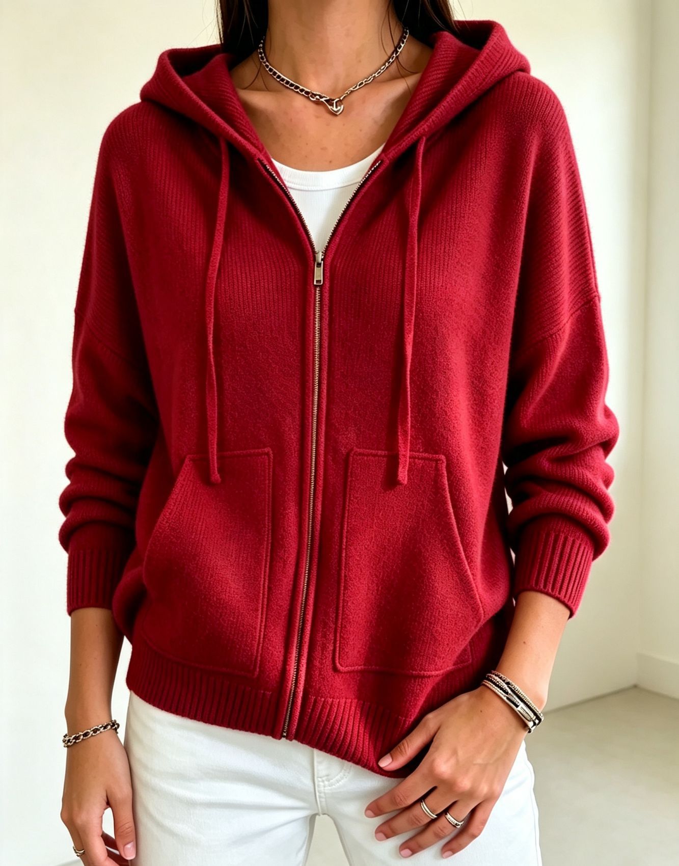 Women's Solid Hooded Zip-Up Knit Cardigan Loose Fit