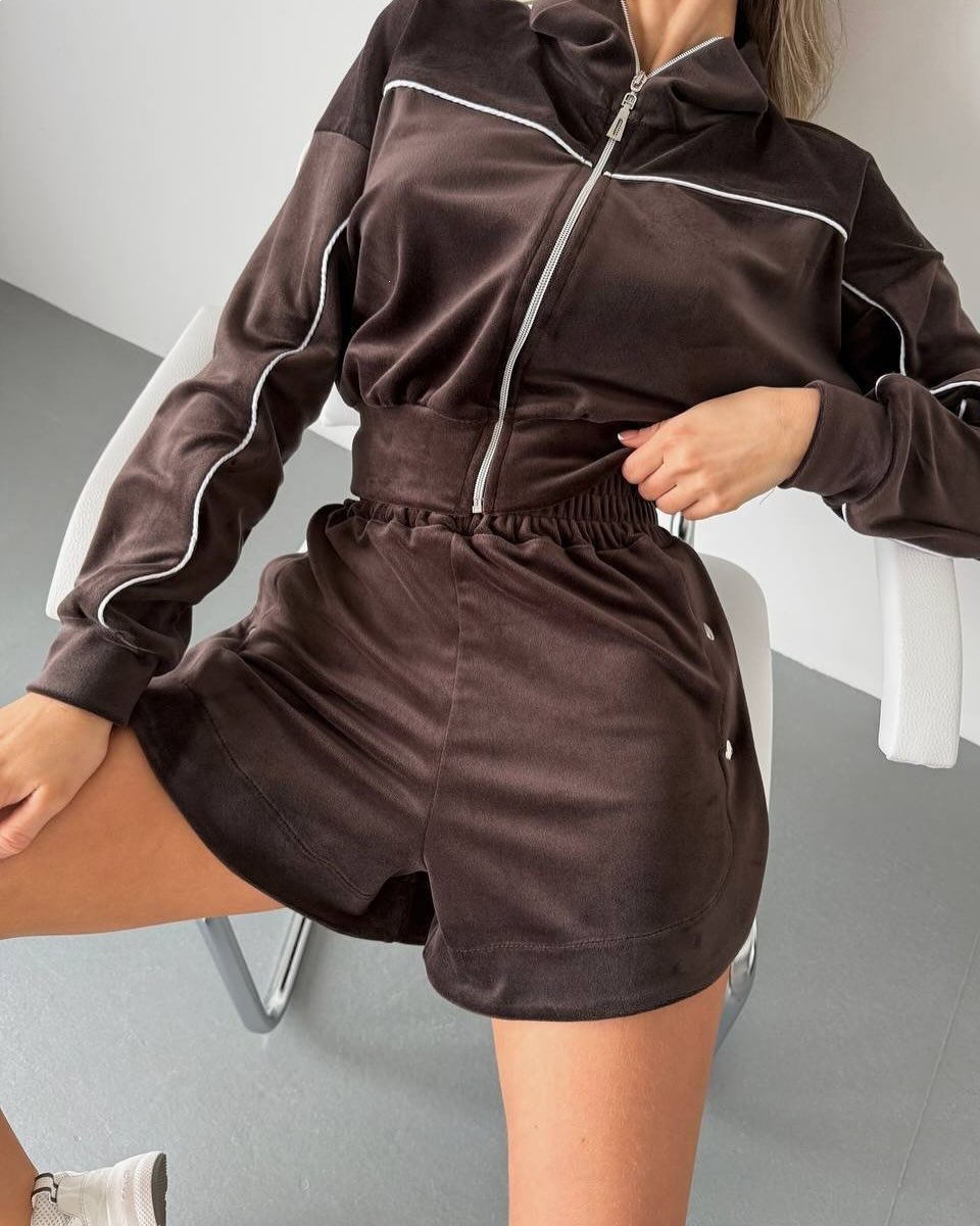 Velvet Zip-Up Cardigan and Shorts Two-Piece Set