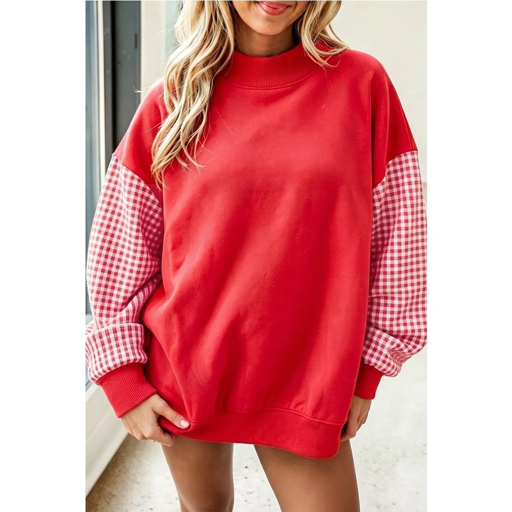 Women's Loose Half-Turtleneck Color-Block Plaid Fleece Sweatshirt