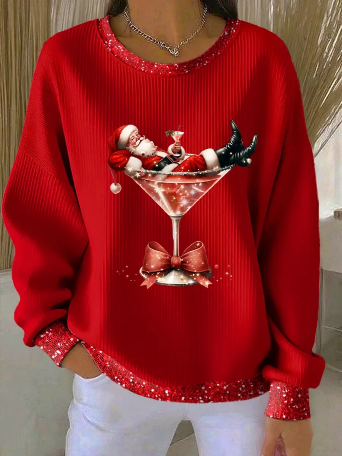Christmas Print Crewneck Long Sleeve Pullover Sweatshirt