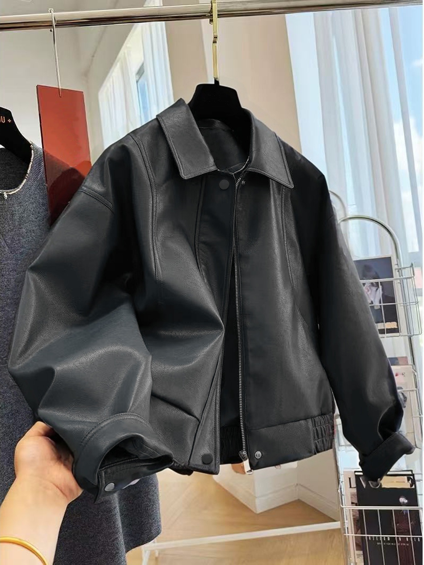 Women's Faux Leather Jacket with Lapel Collar, Relaxed Cropped Fit