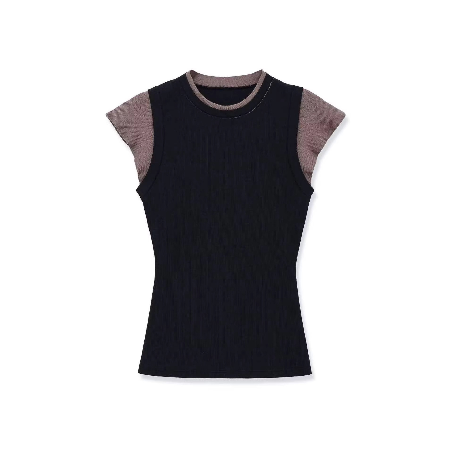 Retro Color-Block Knit Top with Flutter Sleeves