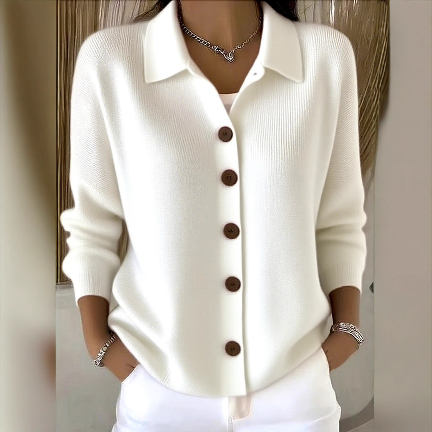 Button-Front Knit Collared Cardigan Sweater