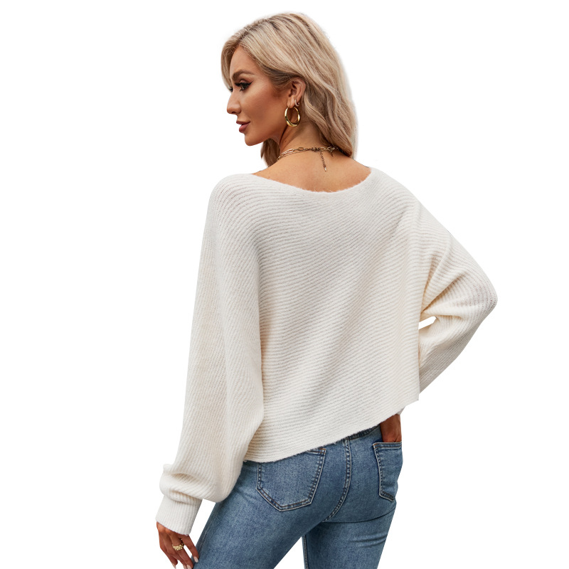 Women's Off-Shoulder Knit Sweater with Batwing Sleeves, Solid Color