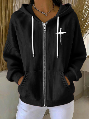 Women's Cross Print Ribbed Hoodie Long Sleeve Crew Neck Zip Up