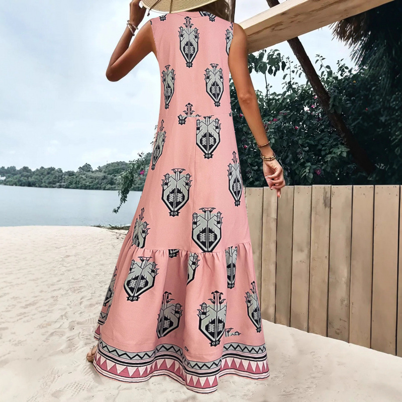 Bohemian Print Sleeveless Deep V-Neck Maxi Dress