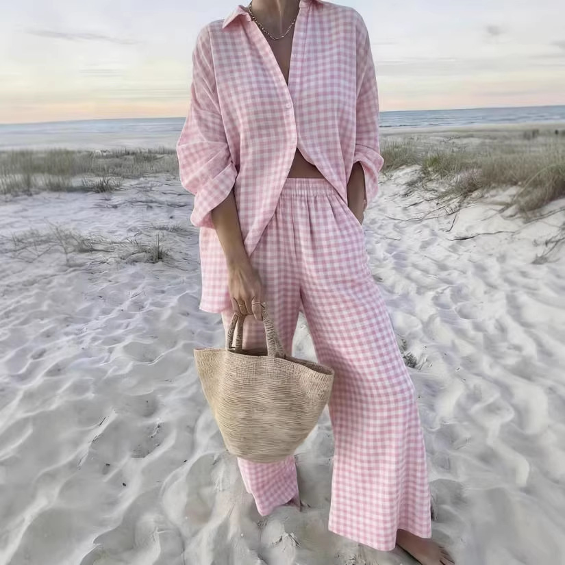 Pink Plaid Two-Piece Shirt and Pants Set Casual Chic