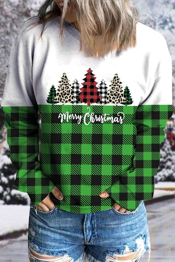 Women's Colorblock Plaid Cartoon Tree Crewneck Sweatshirt