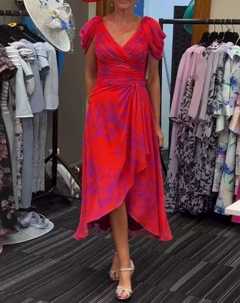 V-Neck Short Sleeve Cinched Waist Printed Casual Dress