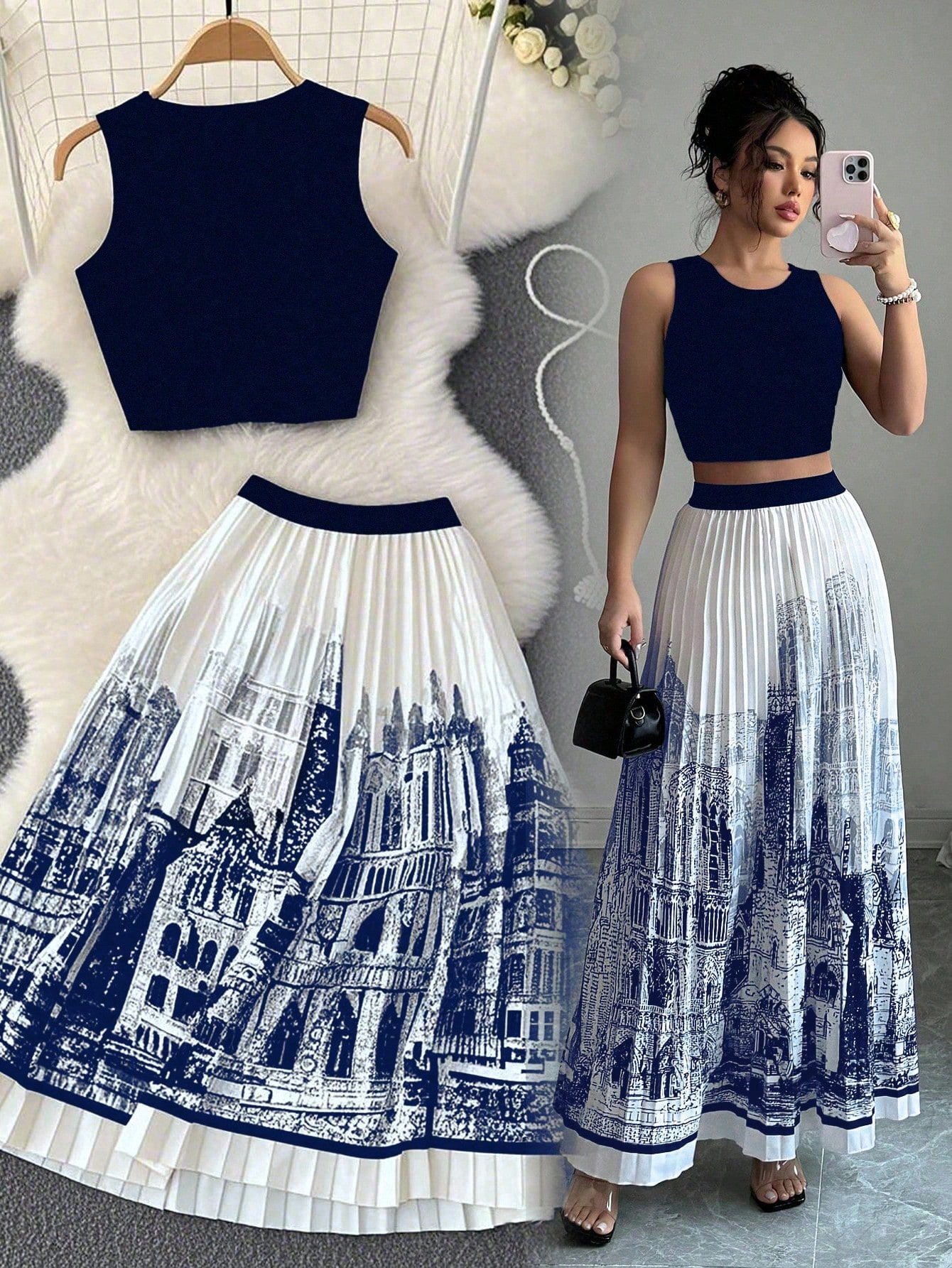 Ink Print Sleeveless Long Dress and Pleated Skirt Two-Piece Set