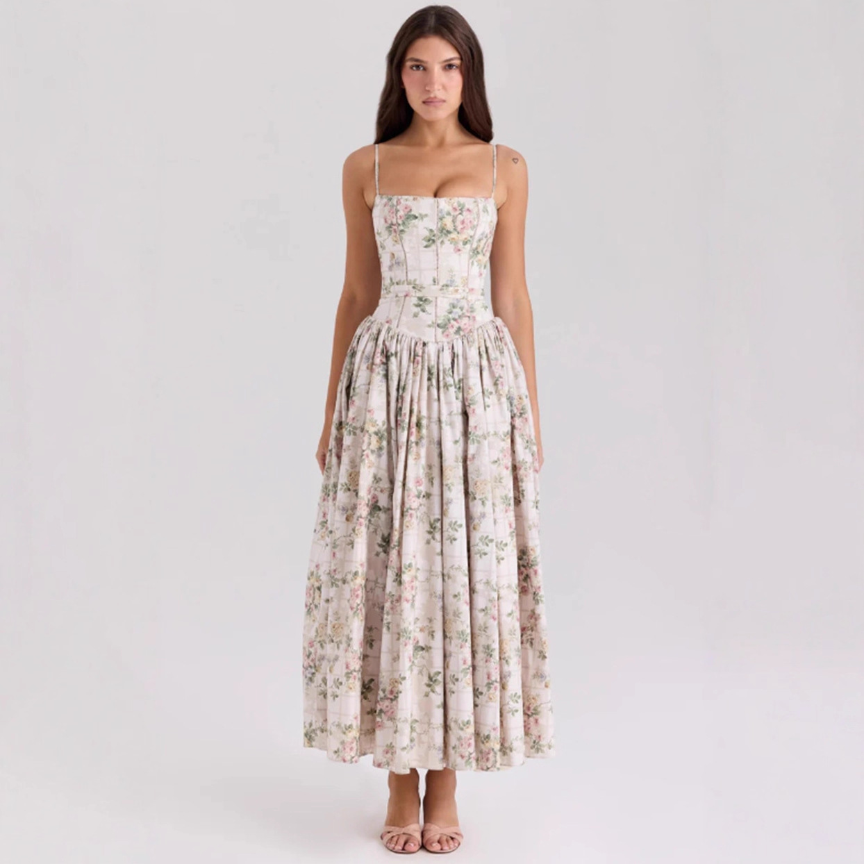 Floral Sleeveless Slip Dress Slimming Elegant Midi Dress for Women