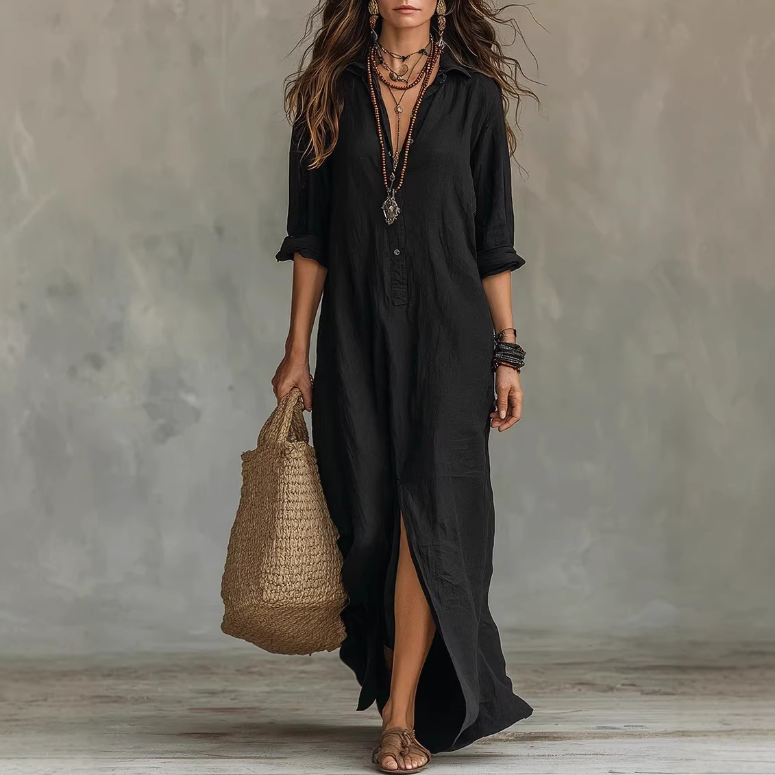 V-Neck Linen-Blend Cardigan Dress with Slit