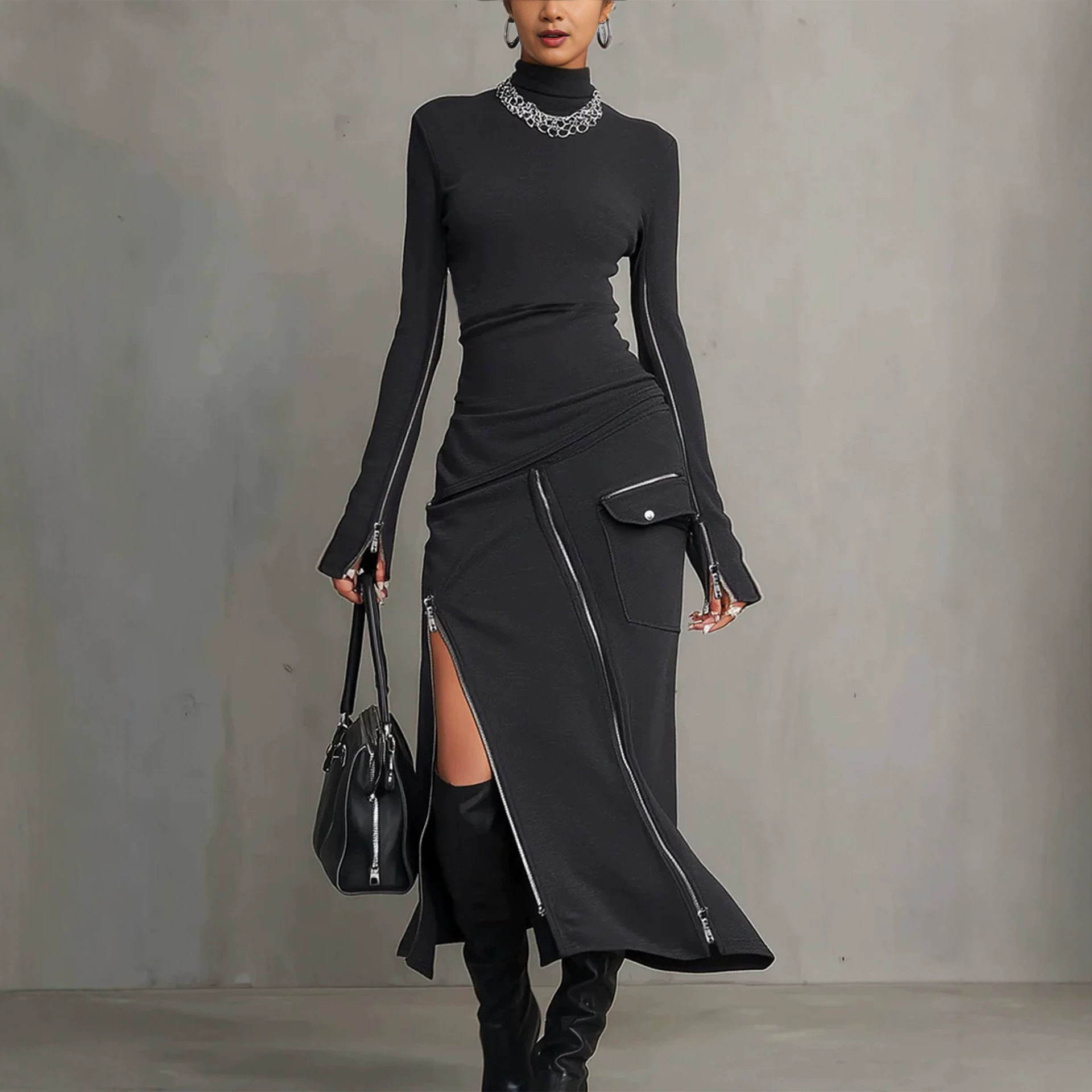 Minimalist Side-Zip Bodycon Midi Dress with Shoulder Pads