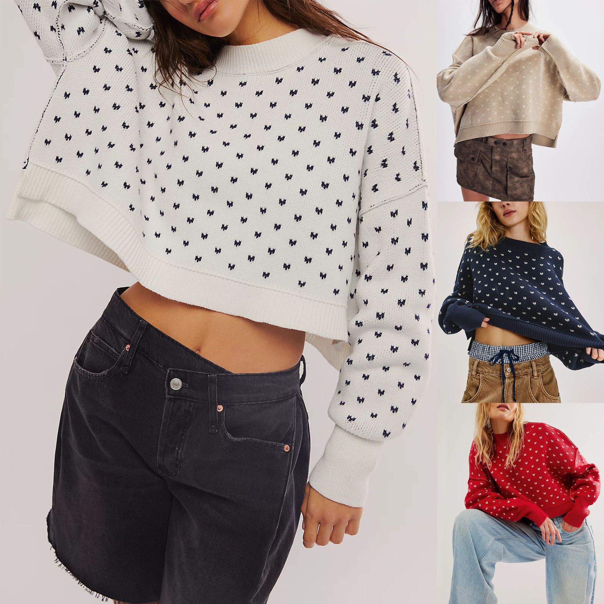 Butterfly Jacquard Crewneck Cropped Knit Sweater