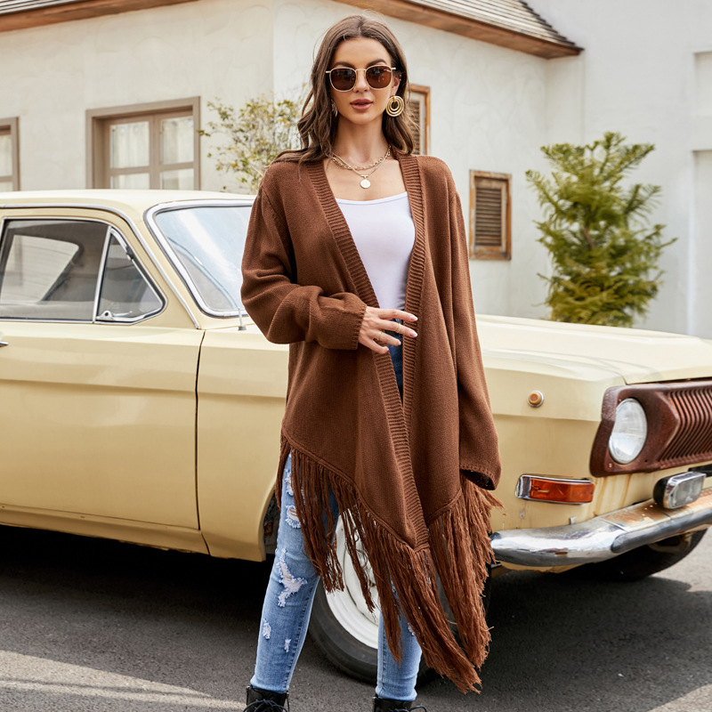 Women's Solid Fringe Knit Cardigan British Style Irregular Sweater Coat