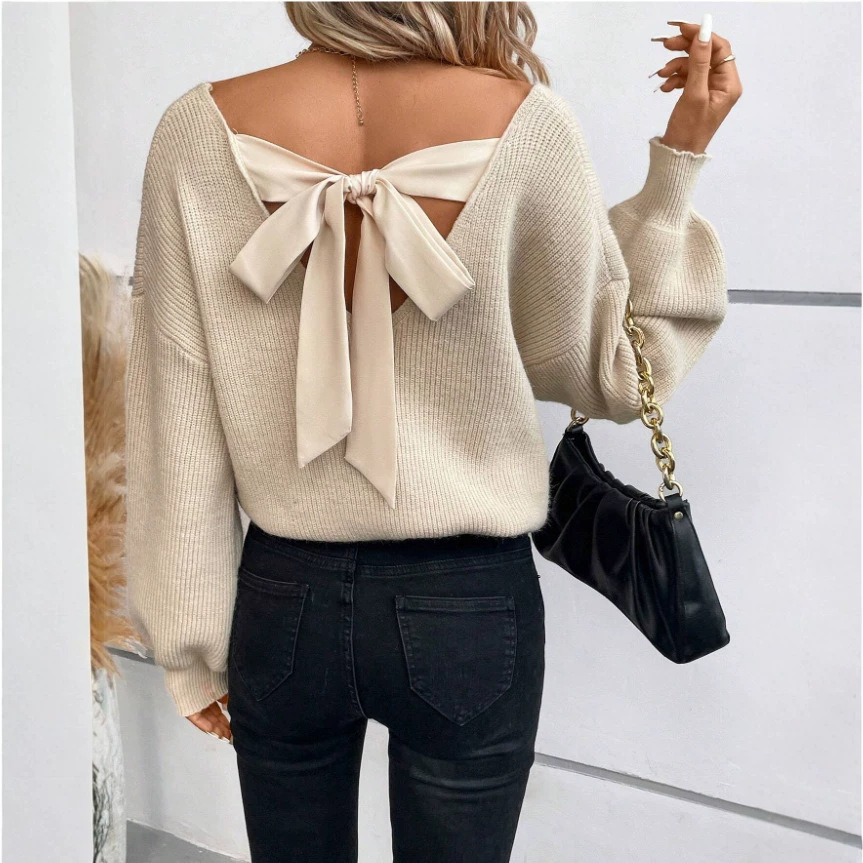 V-Neck Bow Knit Sweater Women's Long Sleeve Loose Fit