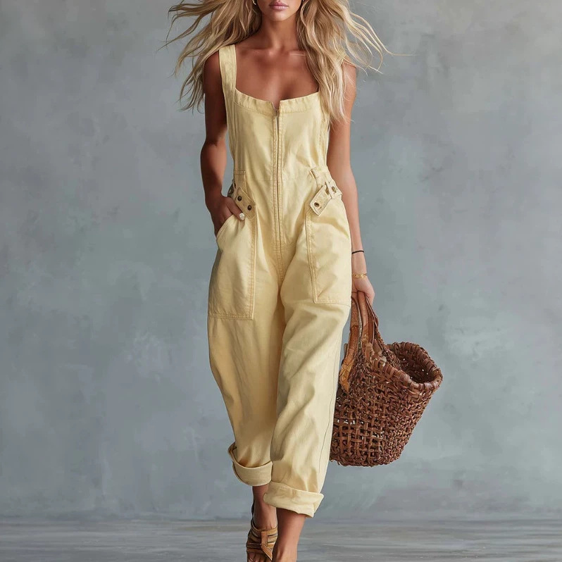 Women's Vintage Square Neck Front Zip Denim Jumpsuit