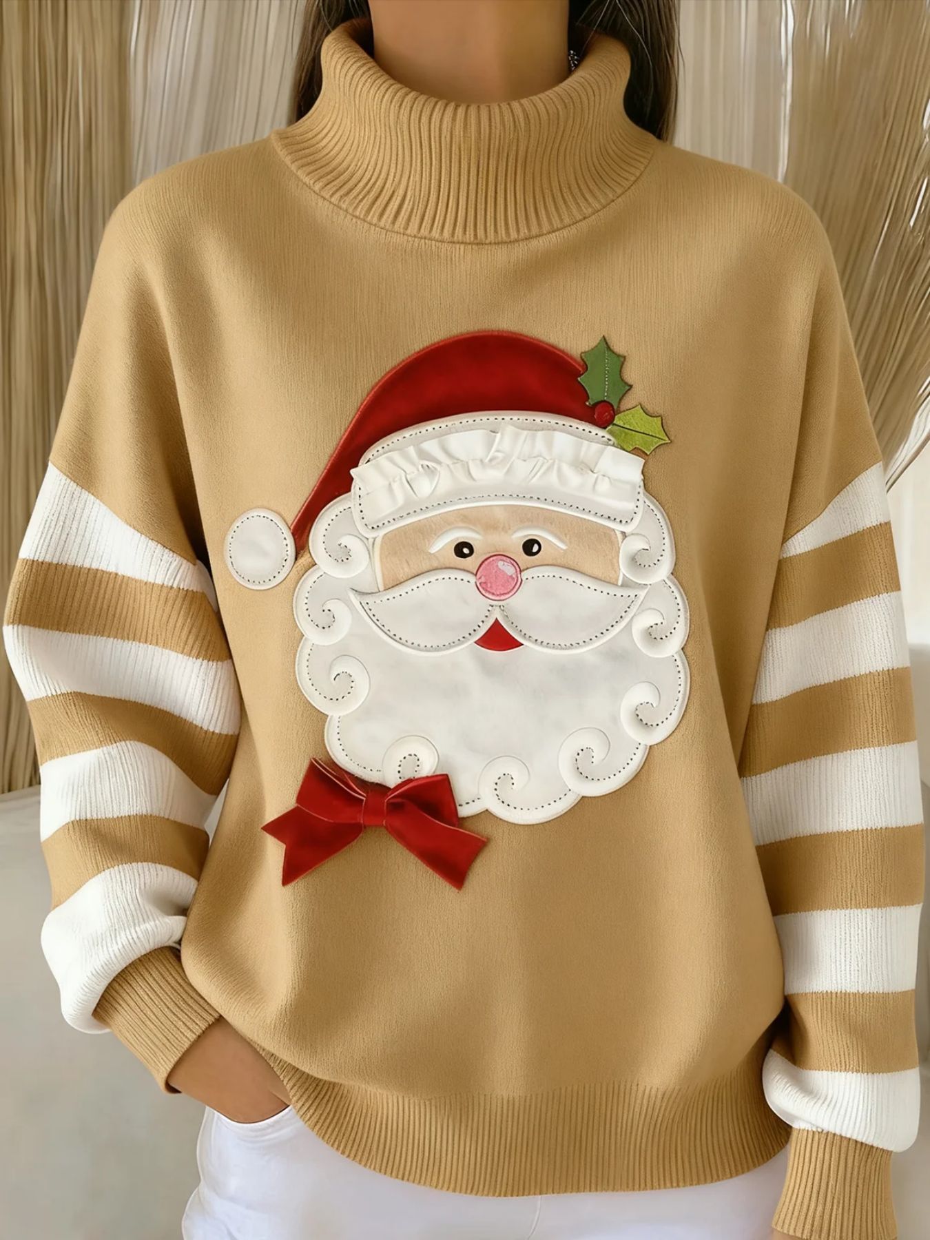 Women's Christmas Santa Striped Print Turtleneck Sweater