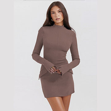 Women's Long Sleeve Bodycon Dress Round Neck Flare Sleeve Ruffle Detail