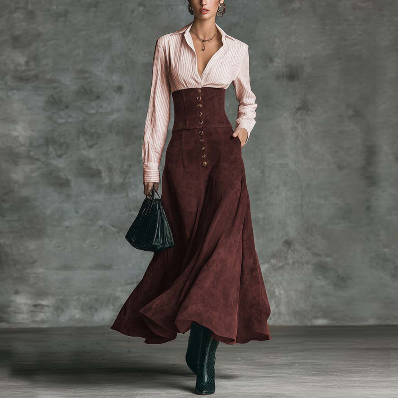 Women's High Waist Slimming Shirt Collar A-Line Dress with Spliced Flared Skirt