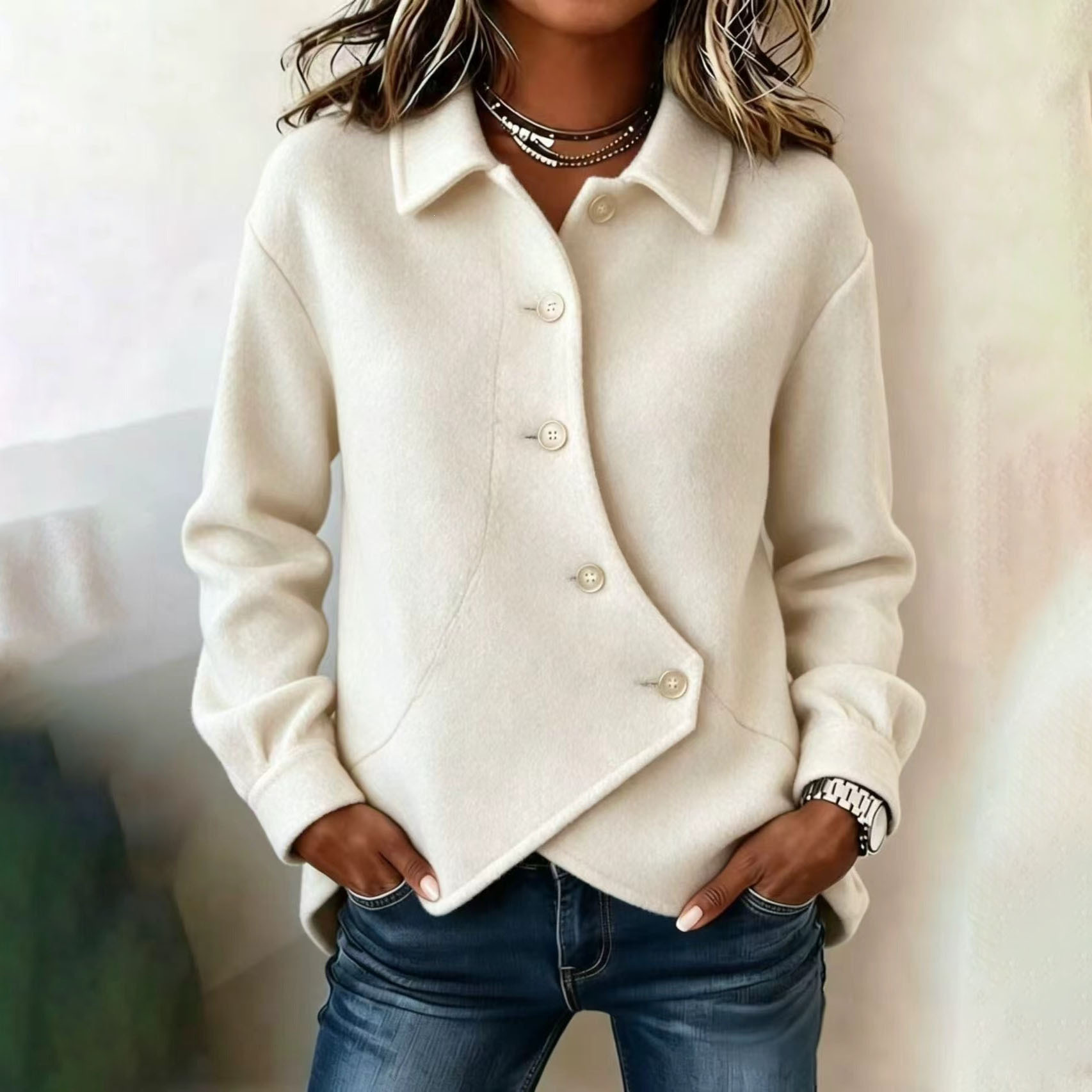 Women's Solid Color Asymmetrical Wool-Blend Coat Casual Loose Fit