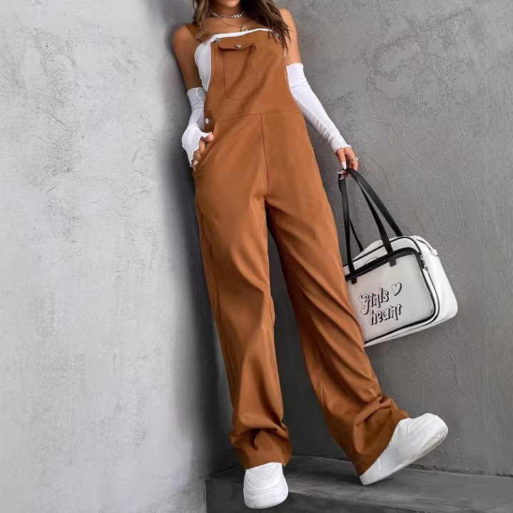 Women's Vintage Solid Straight-Leg Cargo Overalls Loose Casual Jumpsuit