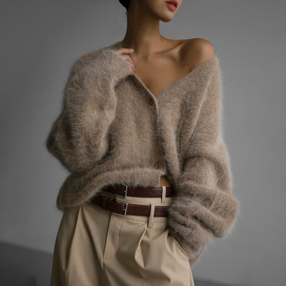 Faux Mink Knit Cardigan Sweater Women's Loose V-Neck Long Sleeve